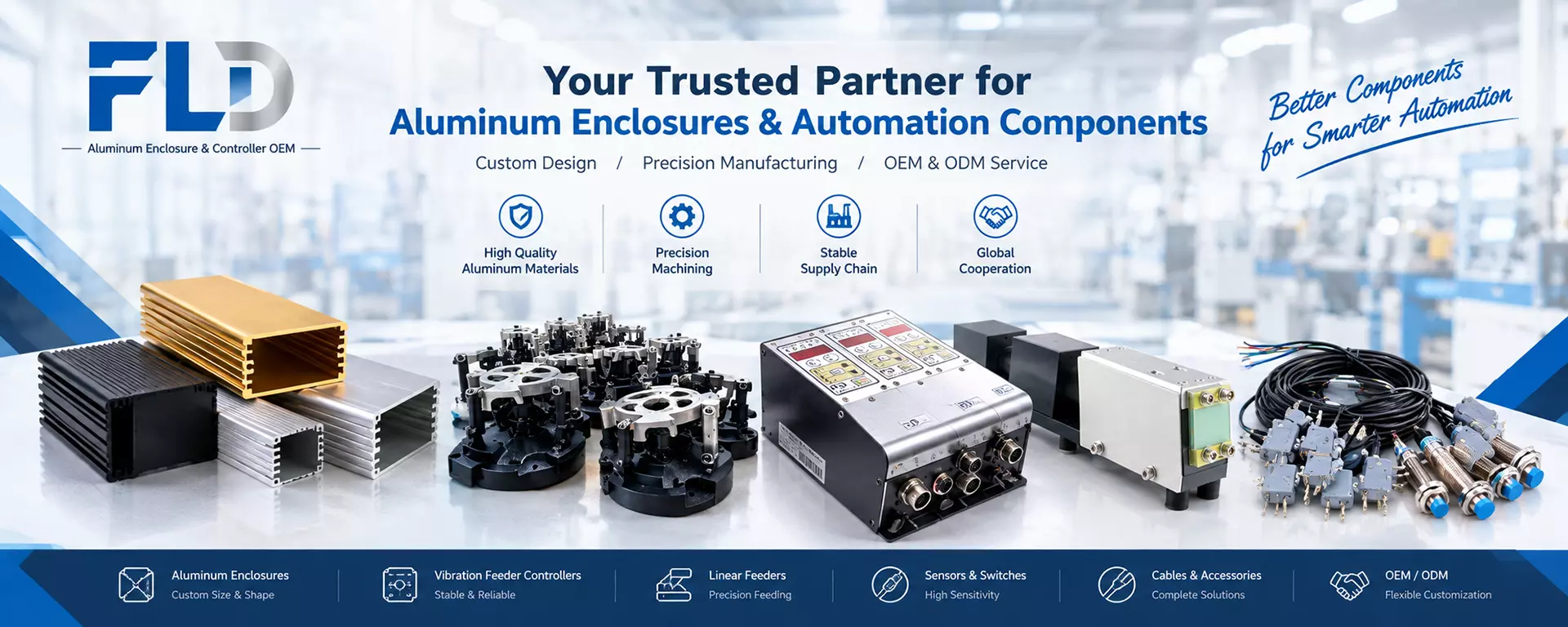 Three lines covering feeding, control and precision parts — every product can be customized to your brand and specification.